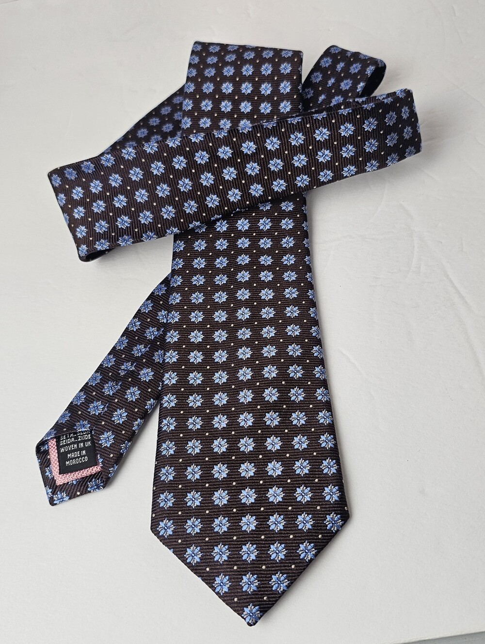 Thomas Pink Silk Floral Tie Chocolate Brown Blue Floral White Dot Quiet Luxury